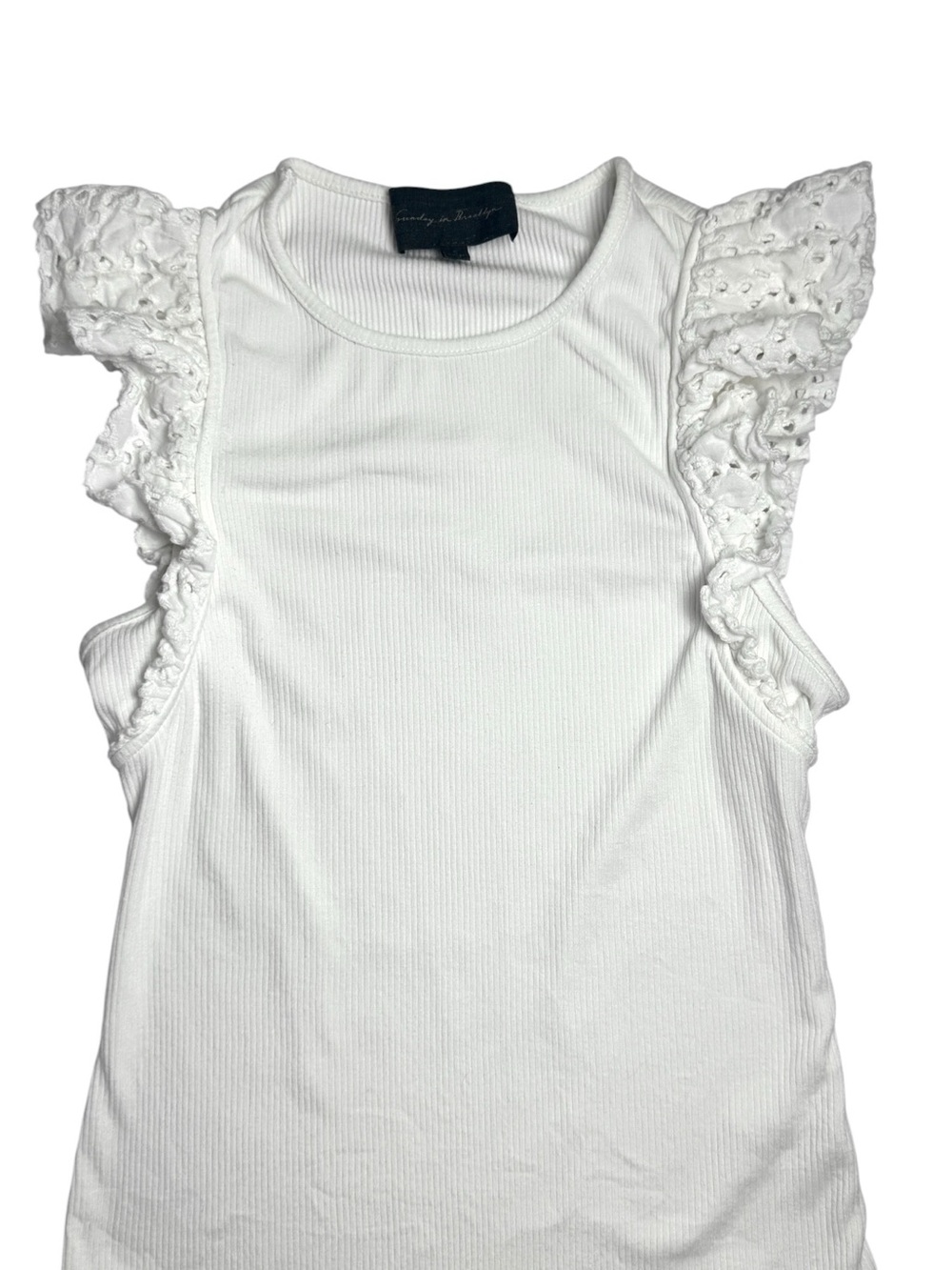Sunday in Brooklyn White Ribbed Eyelet Flutter Sleeve Top Small Anthropologie